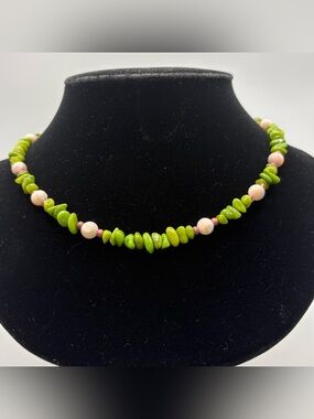 Handmade Coastal Casual Green Shell and Pink Coral Beaded Necklace
